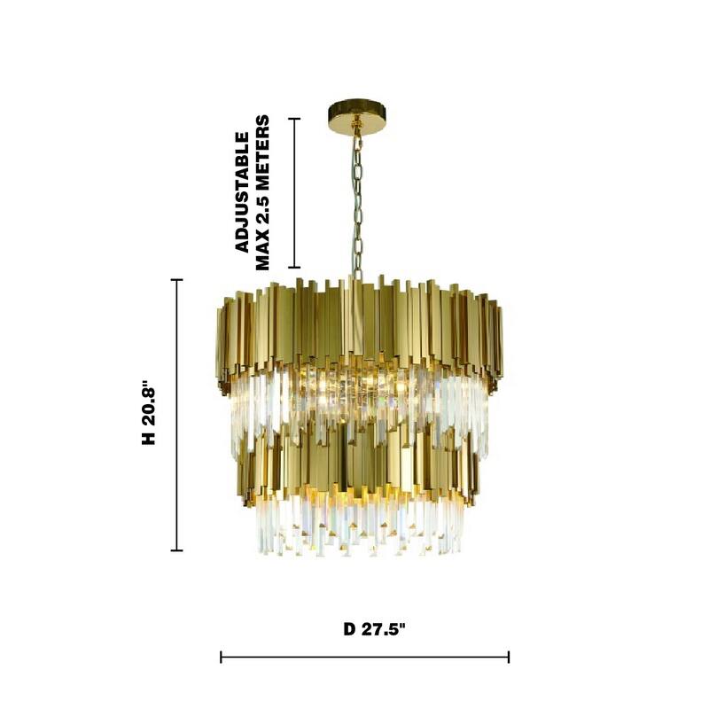 12-Light Gold Stainless Steel Chandelier With Clear Crystals