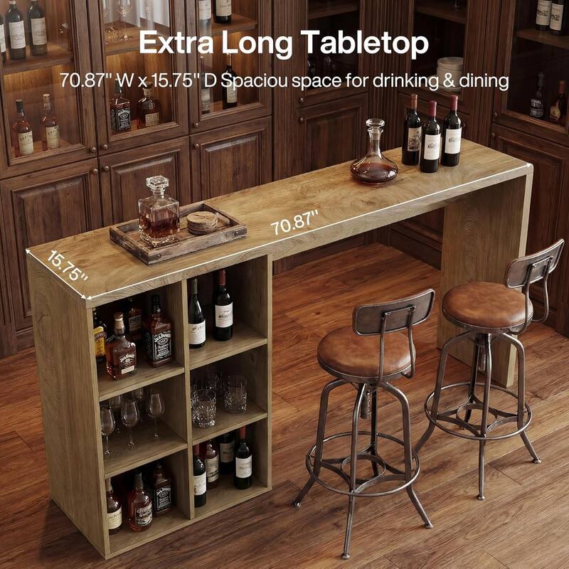 70.9-Inch Bar Table with 6 Cubbies Storage, Narrow Long Counter Height Pub Table - 70.87" L x 15.75" W x 41.34" H