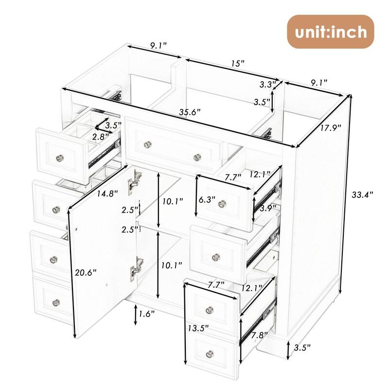 36" Bathroom Vanity without Sink, with 1 Cabinet and 6 Drawers
