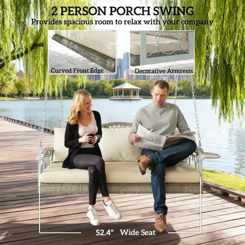 GDFStudio - Theodore Three-Person Hanging Porch Swing with Woven Frame and Comfort-Focused Design - Swing Bench