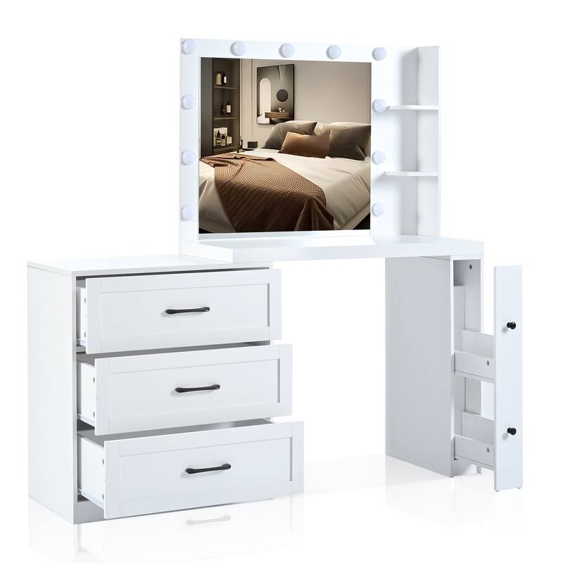55.2" Vanity Desk with Freely Adjustable Side Cabinet, Makeup Vanity with Hollywood Lights, Bedroom Storage Dressing Table
