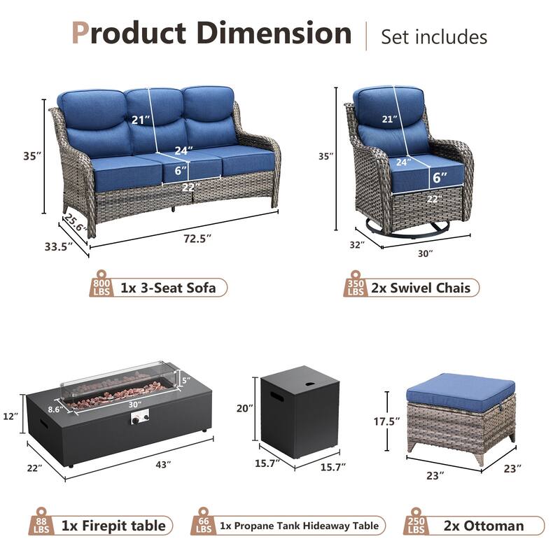 Pocassy 43 In Fire Pit w/ Outdoor Sofa Swivel Chair Ottoman Set