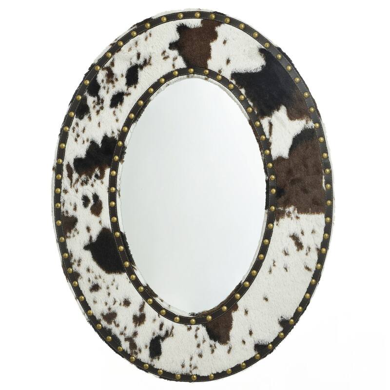 Cow Hide Mirror - Faux Animal Printed with Hammer Nail Trim - Cow Print, Brown, Clear