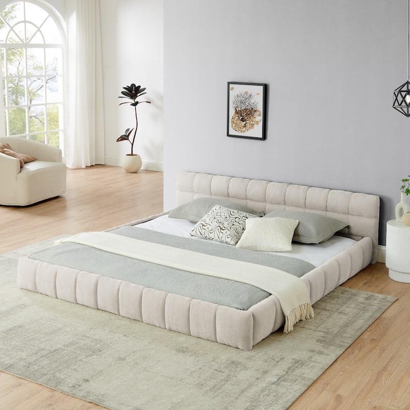 Block Thick Chenille Low Profile Platform Bed Fabric Upholstered Bedframe with Headboard Solid Wood Frame - Optional Storage Bed - Beige - King