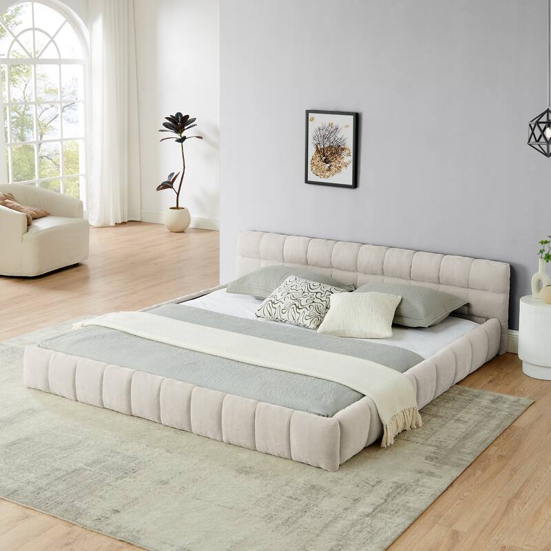 King size Upholstered Bed Frame with Thick Fabric, Chenille Fabric Grounded Platform Bed with Headboard and Solid Frame - Beige