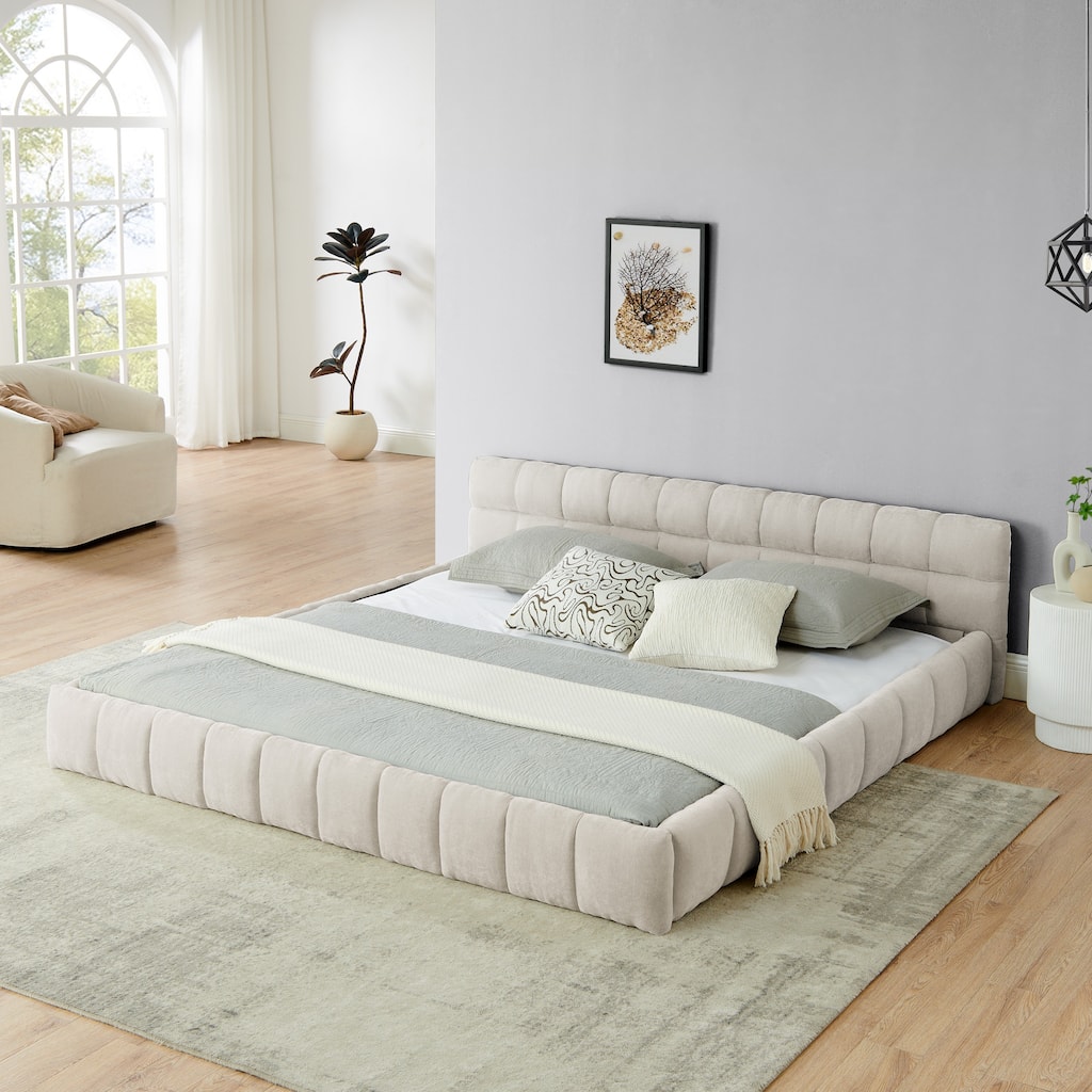 King size Upholstered Bed Frame with Thick Fabric, Chenille Fabric Grounded Queen Size Platform Bed with Headboard
