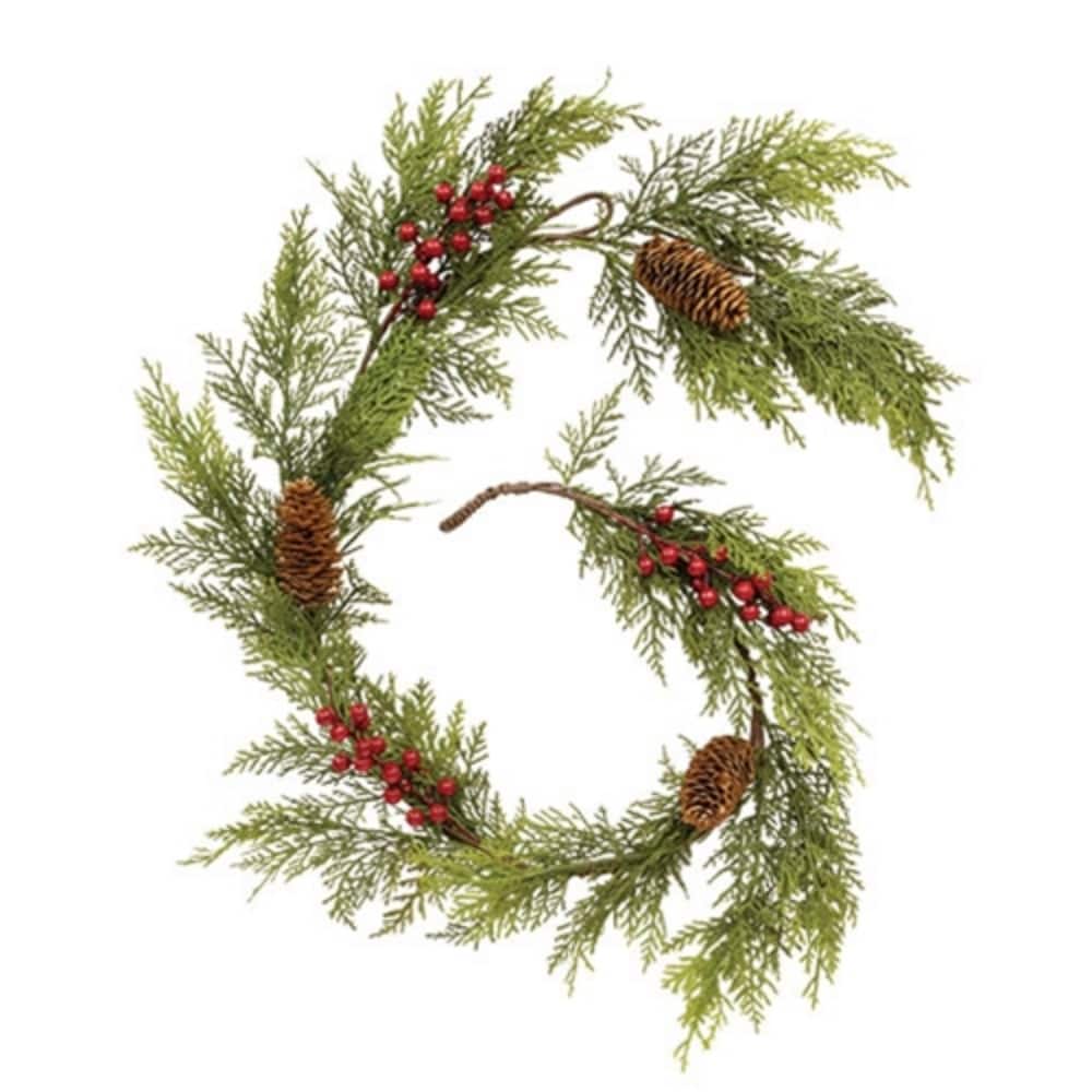 Artificial Cedar and Red Berry Garland with Pinecones 5 Ft