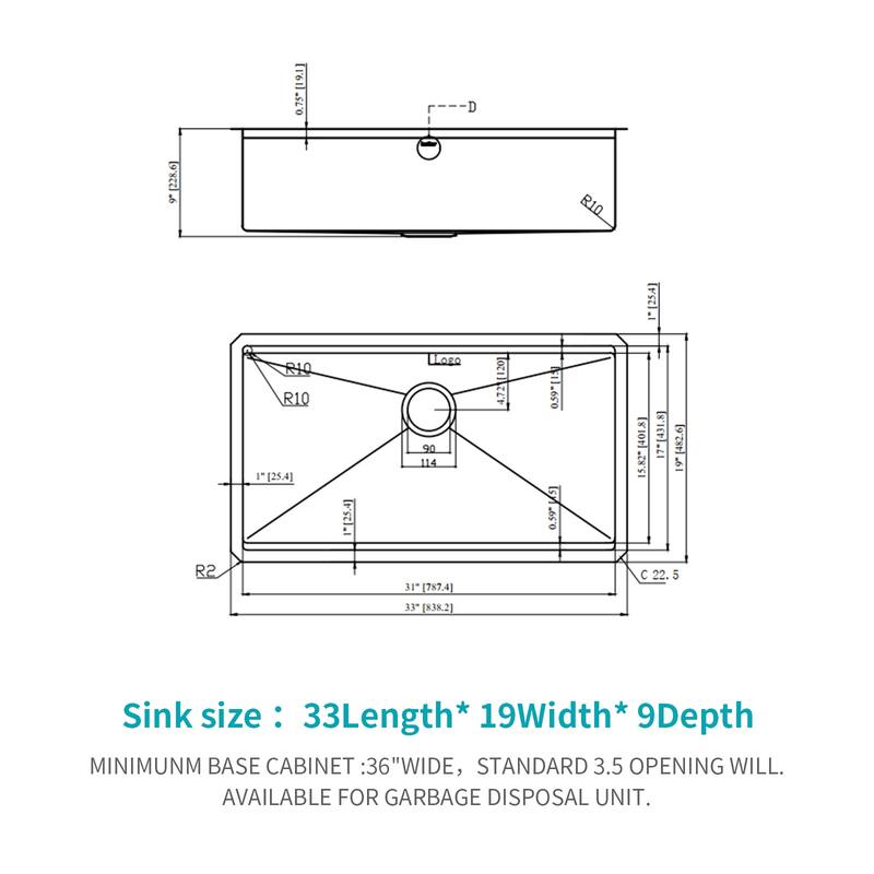33" Undermount Single Bowl 16 Gauge Stainless Steel Ledge Workstation Kitchen Sink