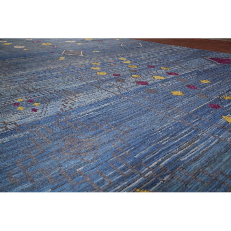 Blue Geometric Moroccan Large Area Rug Hand-Knotted Wool Carpet - 12'1"x 18'5"