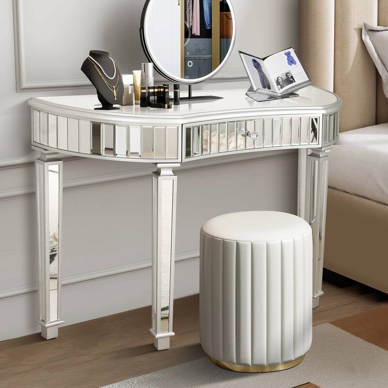 47" Silver Half-Moon Console Table with Fluted Glass & Crystal Knob Drawer - Entryway Vanity Desk for Bedroom/Dressing Room
