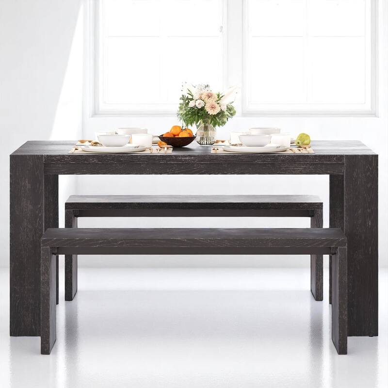 Rectangular 3-Piece Dining Set with Benches, Farmhouse Kitchen Table Set for 6, MDF & Rubber Wood