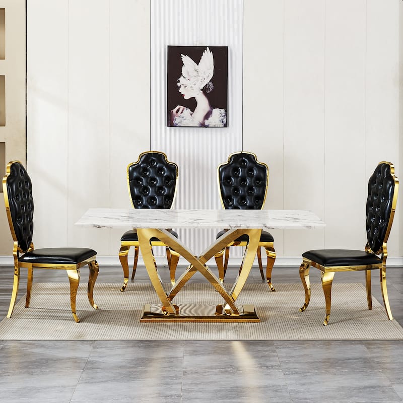 70'' Rectangle Faux Marble Dining Table with Mirrored Finish Stainless Steel Base - Gold+White