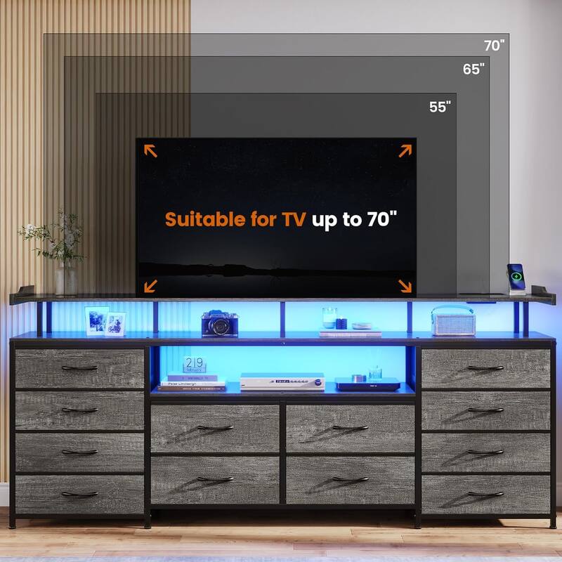 TV Stand 65 70 Inches TV LED Lights Power Outlets Storage Drawers