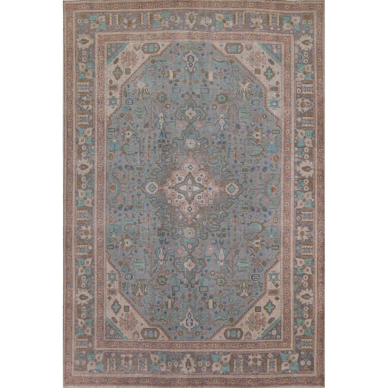 Geometric Blue Tabriz Persian Antique Area Rug Handmade Wool Carpet - 8'0" x 10'10"
