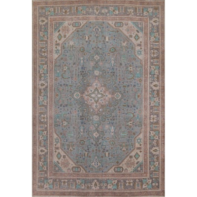 Geometric Blue Tabriz Persian Antique Area Rug Handmade Wool Carpet - 8'0" x 10'10"