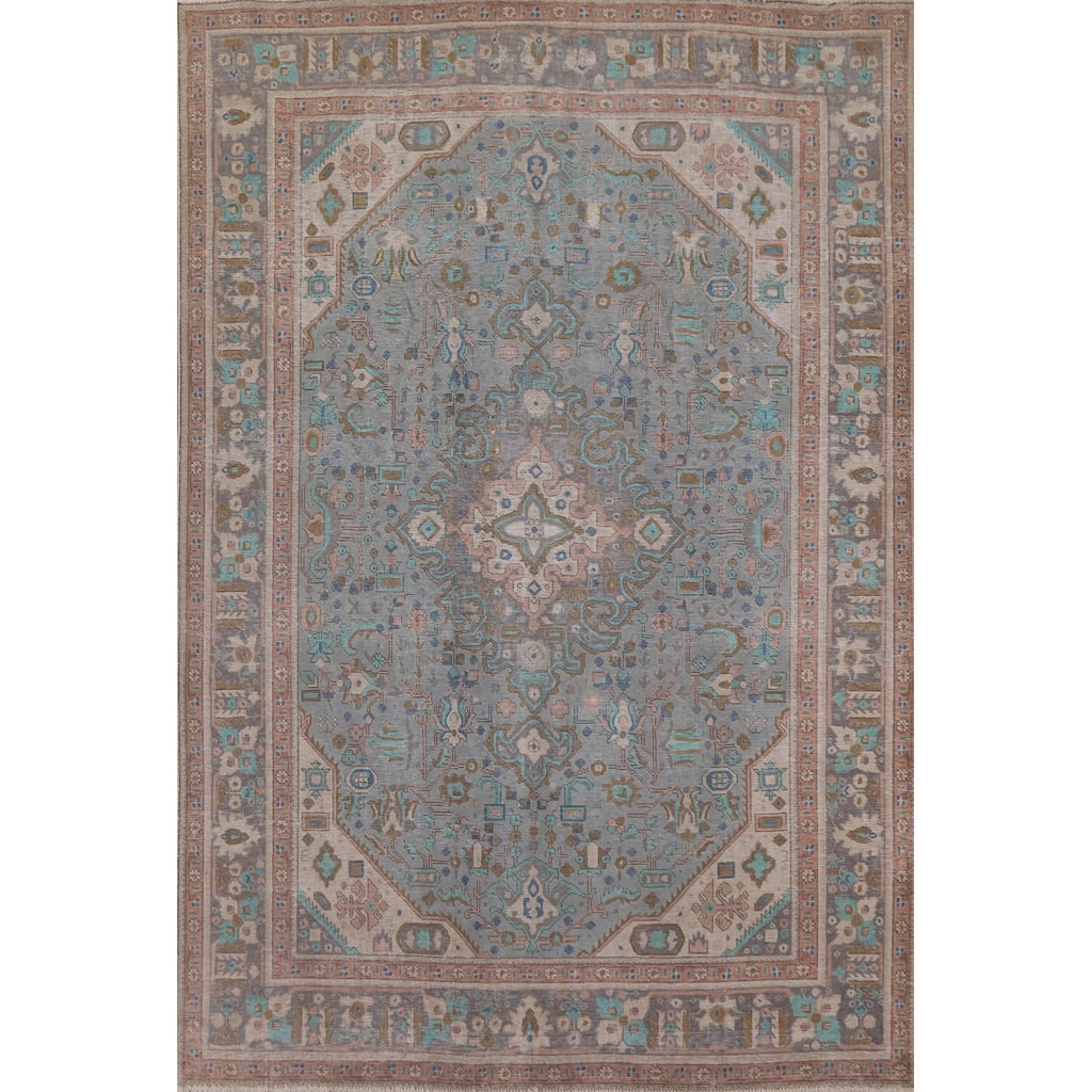 Geometric Blue Tabriz Persian Antique Area Rug Handmade Wool Carpet - 8'0" x 10'10"