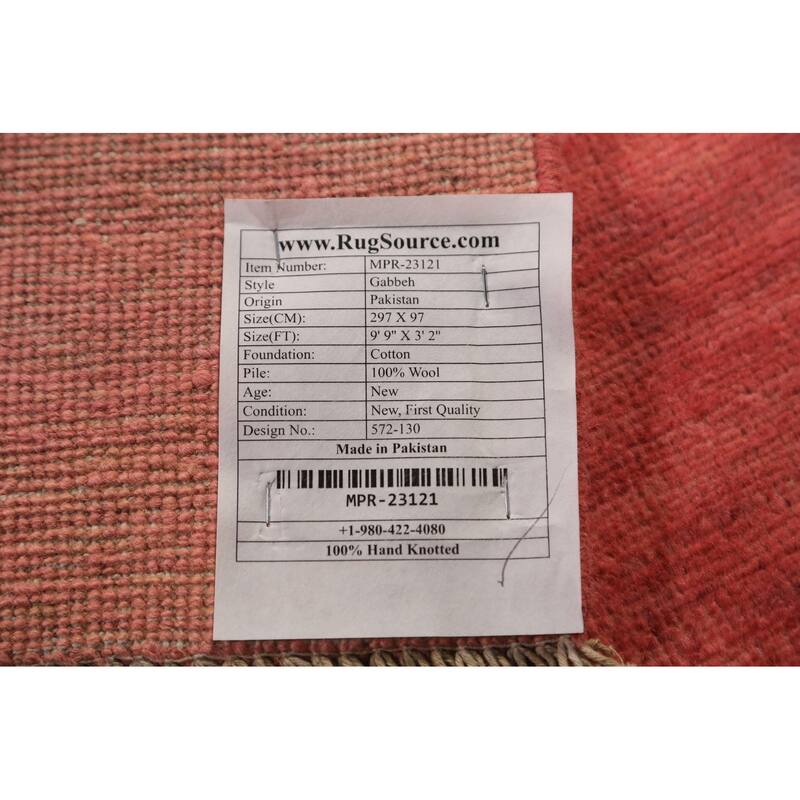 Pink Gabbeh Runner Rug Hand-Knotted Wool Carpet - 3'2" x 9'9"