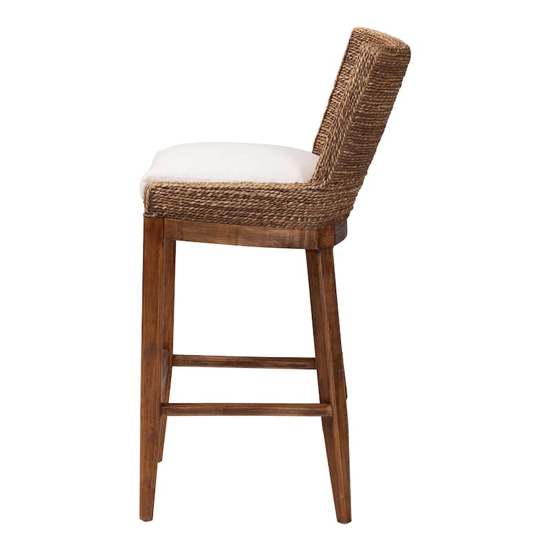 Ridley Seagrass Bar Stool with Mahogany Wood Frame - Coastal Seating with Woven Square Back and Cushioned Seat for Bar Island