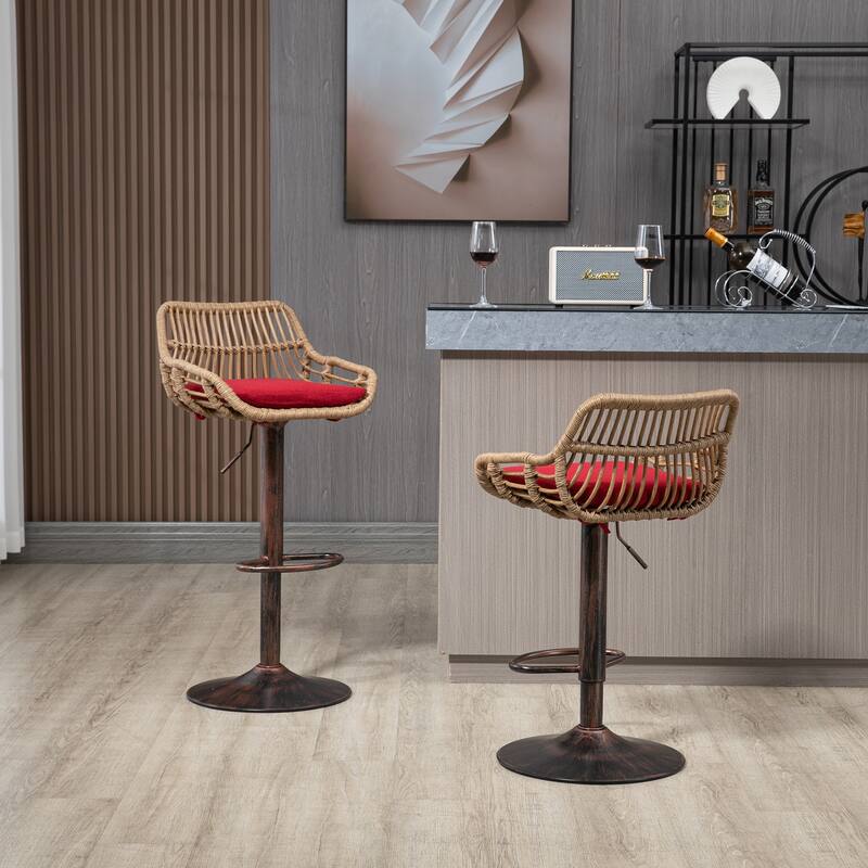 360° Swivel Bar Stools Set of 2, Adjustable Counter Height Chairs with Footrest, Rattan Bar Chairs with Cushions