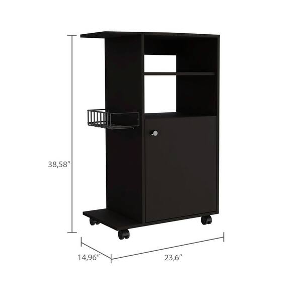 Black Kitchen Cart w/ Microwave Storage, Open Spice Rack w/ 4 Casters