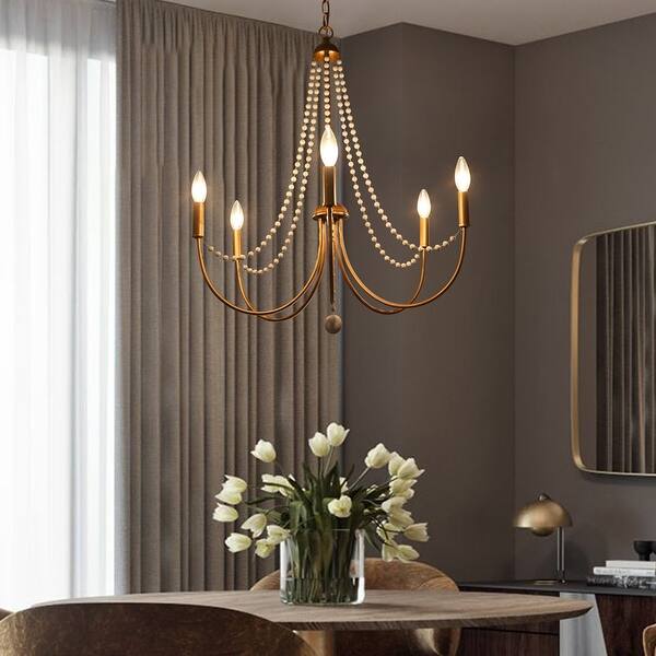 slide 1 of 10, Modern Antique Gold Chandelier Swing Arms Handmade Wood Beads for Dining Room - D25"*H85.5" D25"*H85.5" - Antique Gold