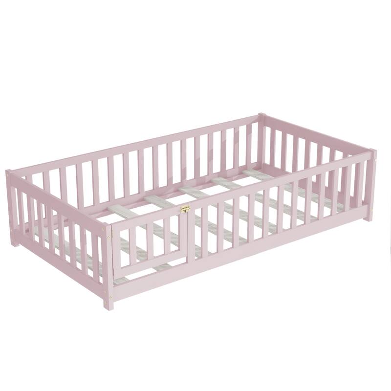 Twin Size Floor Bed with Fence and Door,Rubber Wood Floor Bed with Safety Guardrails