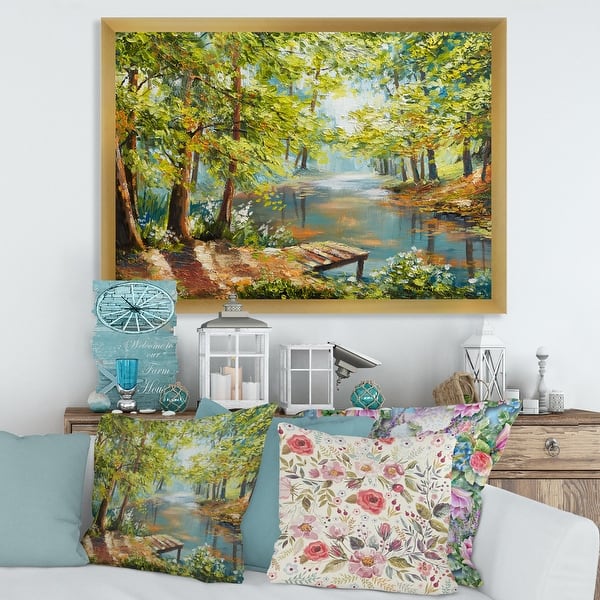 slide 1 of 10, Designart 'Autumn Forest With Meandering River' Lake House Framed Art Print 20 In. Wide x 12 In. High - Gold