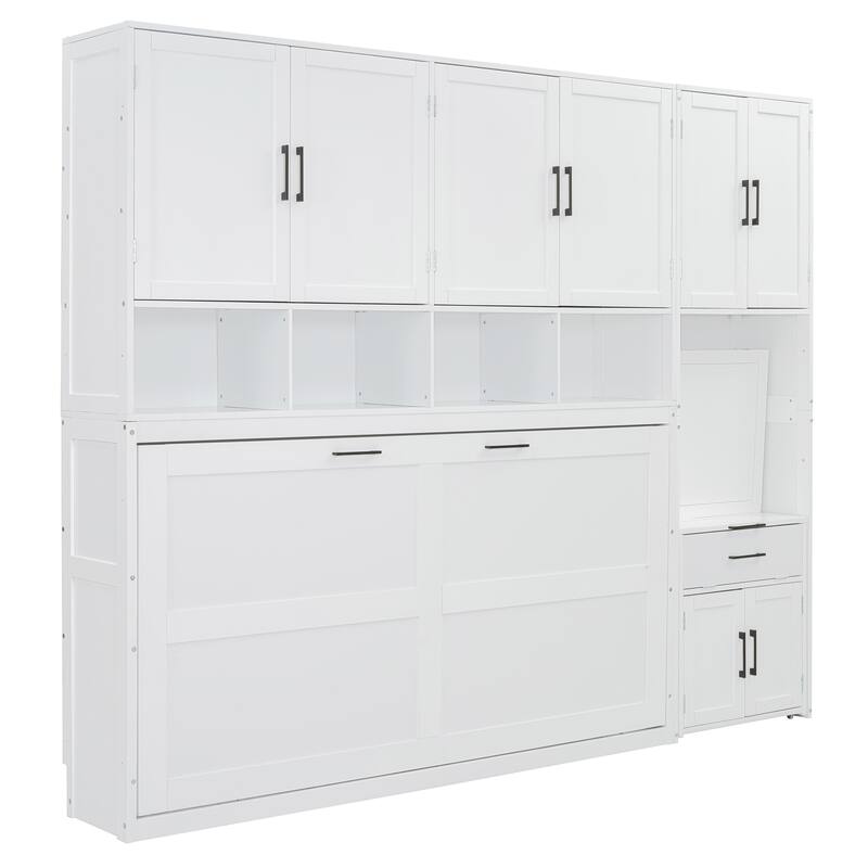 Roomfitters Twin Size Murphy Bed with Closet, Drawers and Desk, Convertible Wall Bed for Small Spaces, White