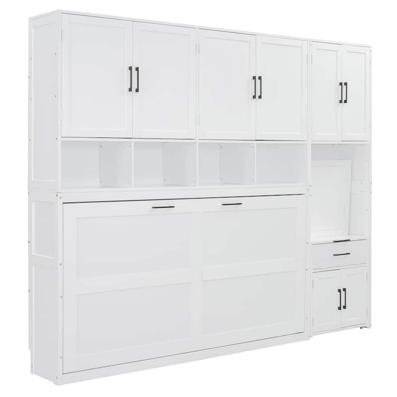 Twin Size Murphy Wall Bed with Closet, Drawers, and Desk, Space-Saving Storage Solution