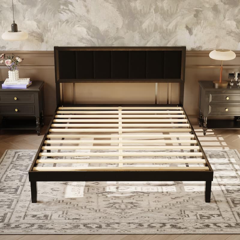 Modern Rubber Wood Solid Wood Bed Frame with Upholstered Headboard - Queen Size