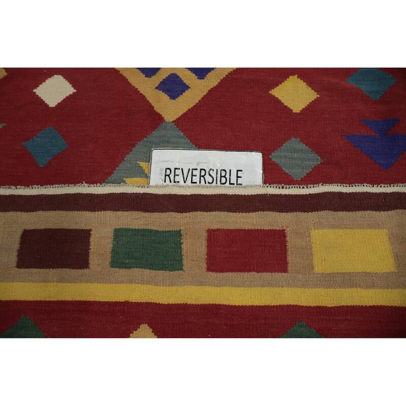 Hand Woven Oriental 100% Wool Carpet Southwestern Tribal Red Kilim Area Rug - 9' 10'' X 8' 2''