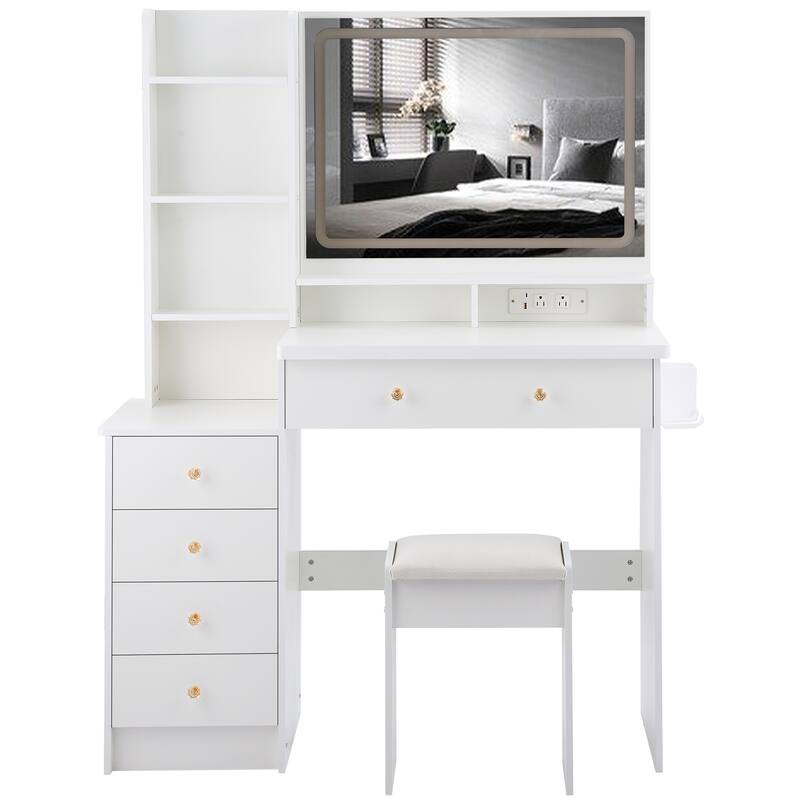 Vanity Desk with Touch Control LED Mirror, Makeup Table with Hair Dryer Stand, Vanity Table Set with Cushioned Stool