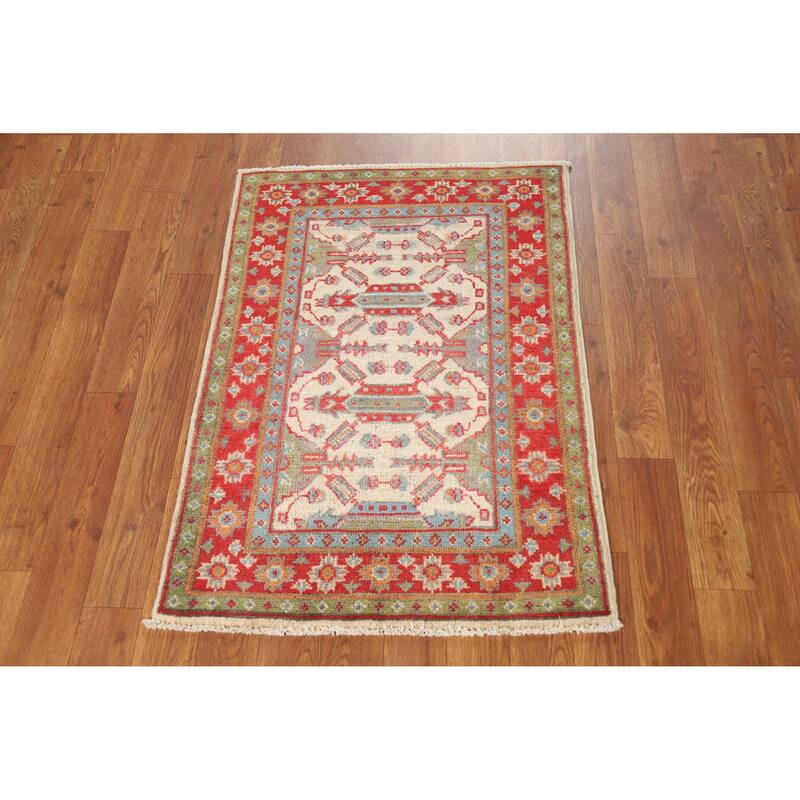 Geometric Kazak Oriental Accent Foyer Rug Hand-Knotted Wool Carpet - 2'0"x 3'0"