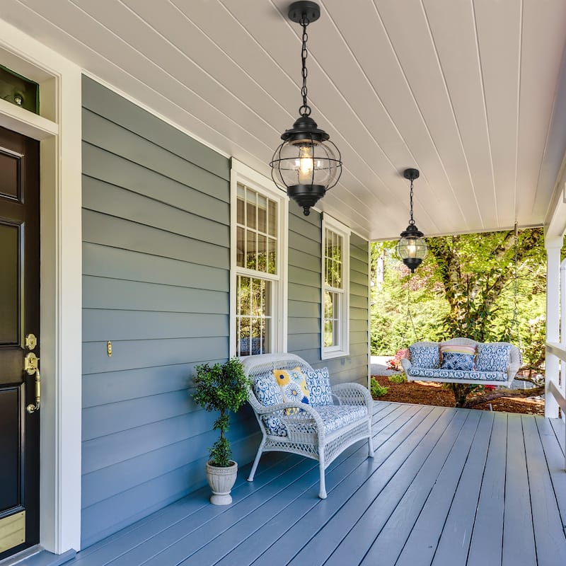 Modern Farmhouse Black 1-Light Outdoor Pendant Light Glass Patio Lantern Lamp - D10" X H12"