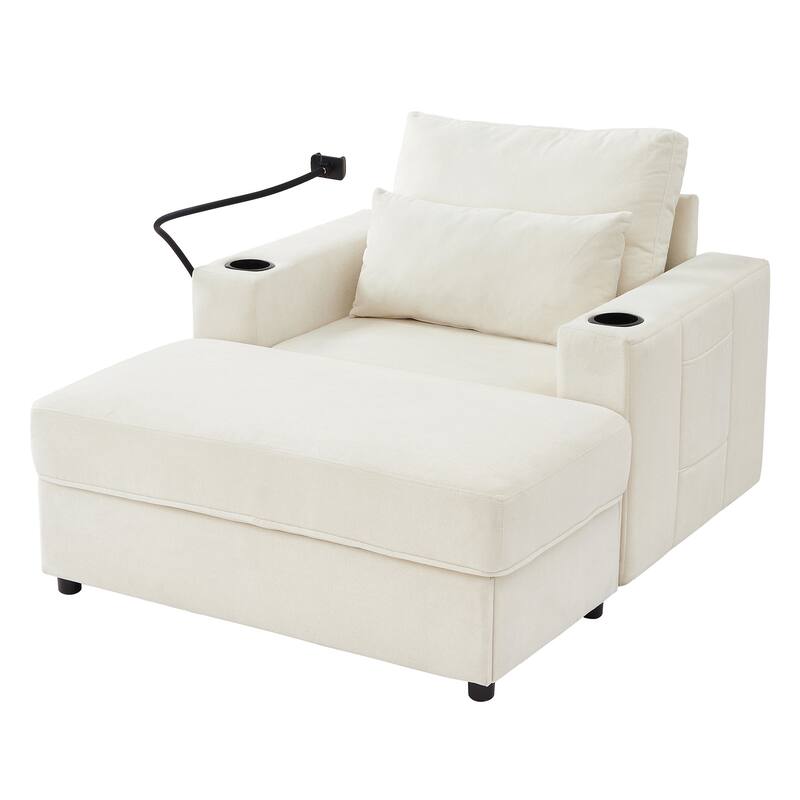 Chenille Modern Chaise Lounge Sofa with Storage Ottoman, USB Ports, Cup Holders and Side Pockets