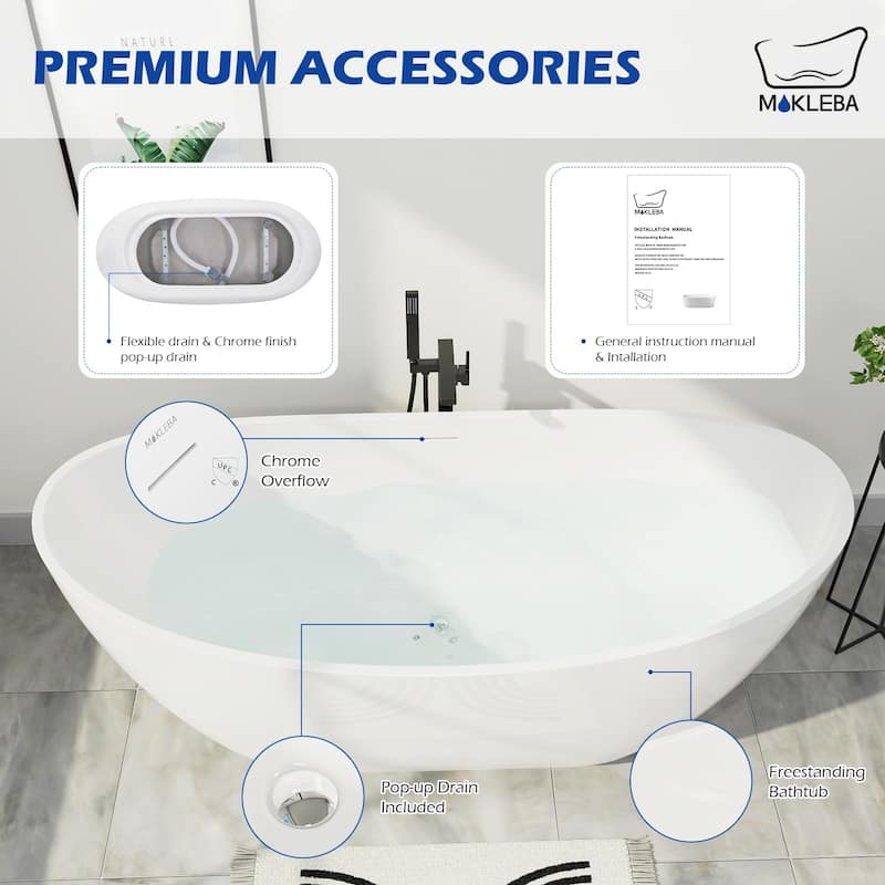 Mokleba 67" Freestanding Acrylic Bathtub Modern Stand Soaking Tub with Overflow & Polished Chrome Pop-up Drain