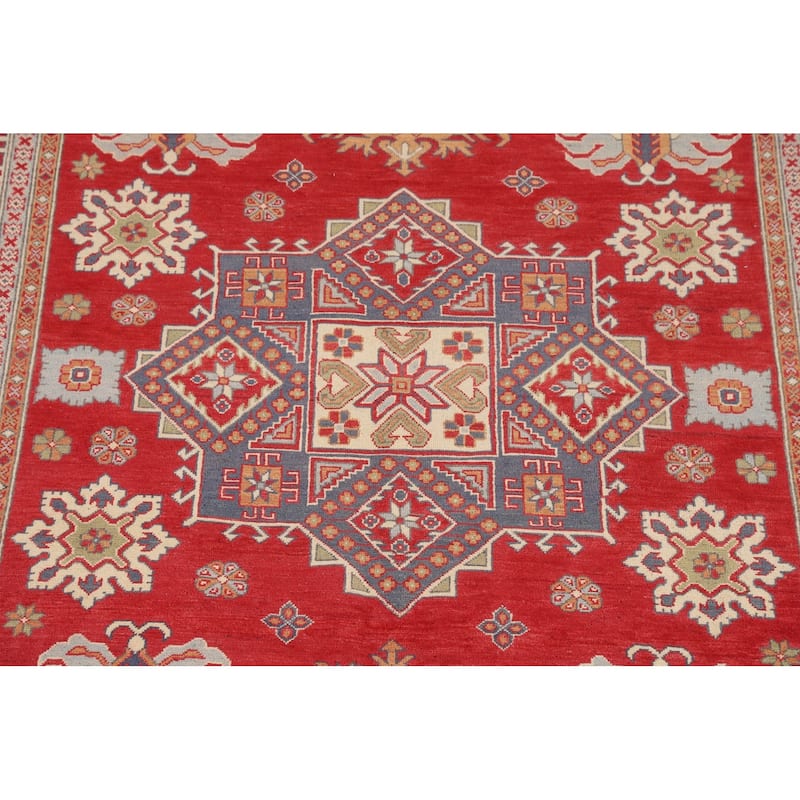 Oriental Red Geometric Kazak Area Rug Hand-Knotted Wool Carpet - 6'5" x 9'8"