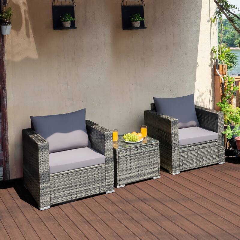 Costway 3 PCS Patio Rattan Furniture Bistro Set Cushioned Sofa Chair - See Details - Grey - See Details