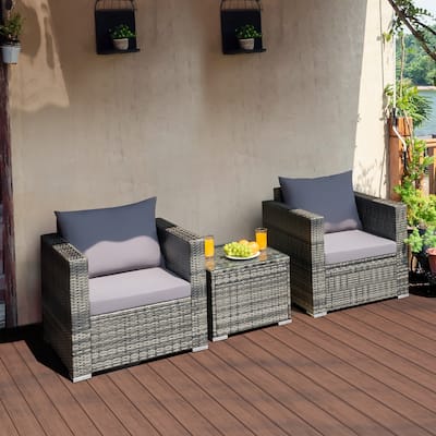 Costway 3 PCS Patio Rattan Furniture Bistro Set Cushioned Sofa Chair - See Details