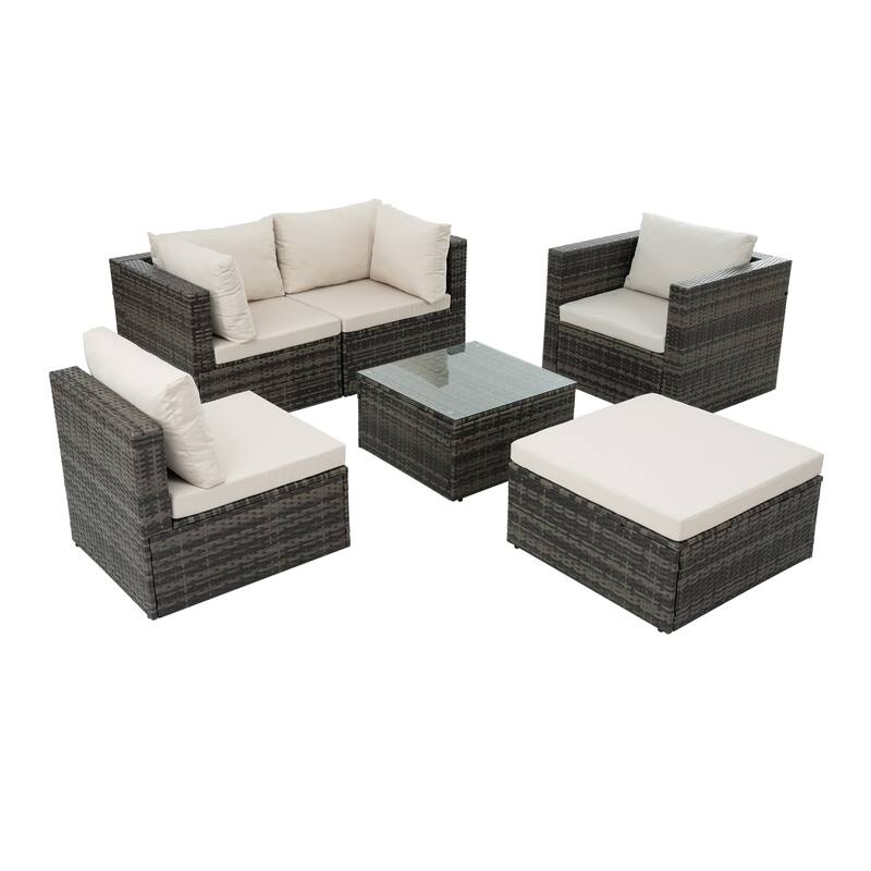 Outdoor Furniture 6 Set Wicker Furniture With Tempered Glass Coffee Table - N/A