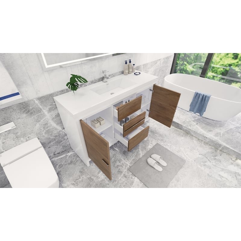 dolce 60 natural oak finish freestanding bath vanity with single basin reinforced acrylic top