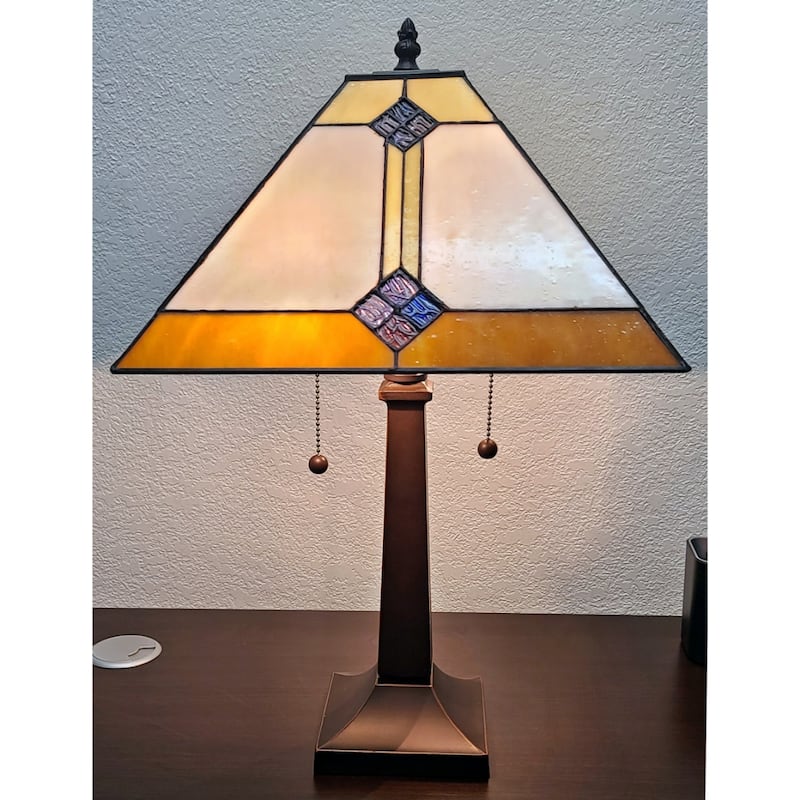 Dark Brown Metal Table Lamp with Cone-Stained Glass Shade and Pull Chain - 10” x 18” x 21” (D x W x H)