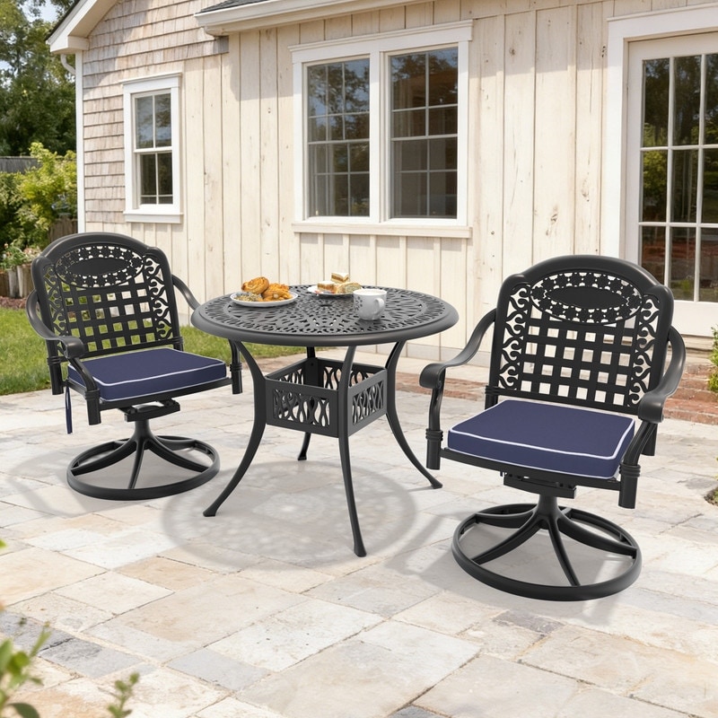35.43in Round Cast Aluminum Outdoor Dining Table and 2 Swivel Black Frame Outdoor Chairs with Cushions