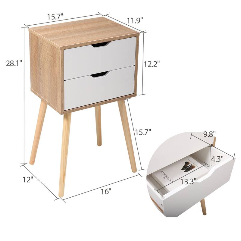 Set of 2 Wooden Modern Nightstand with 2 Drawers and 4 Solid Splayed Legs