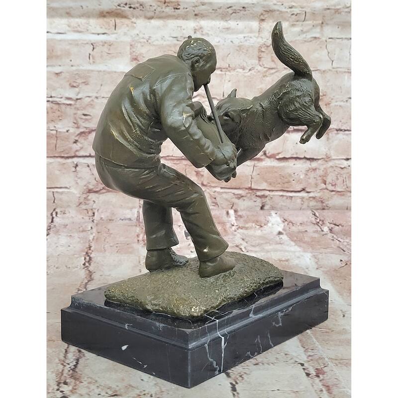 Dog Trainer With Police Dog Bronze Sculpture - Dynamic Canine Training Art