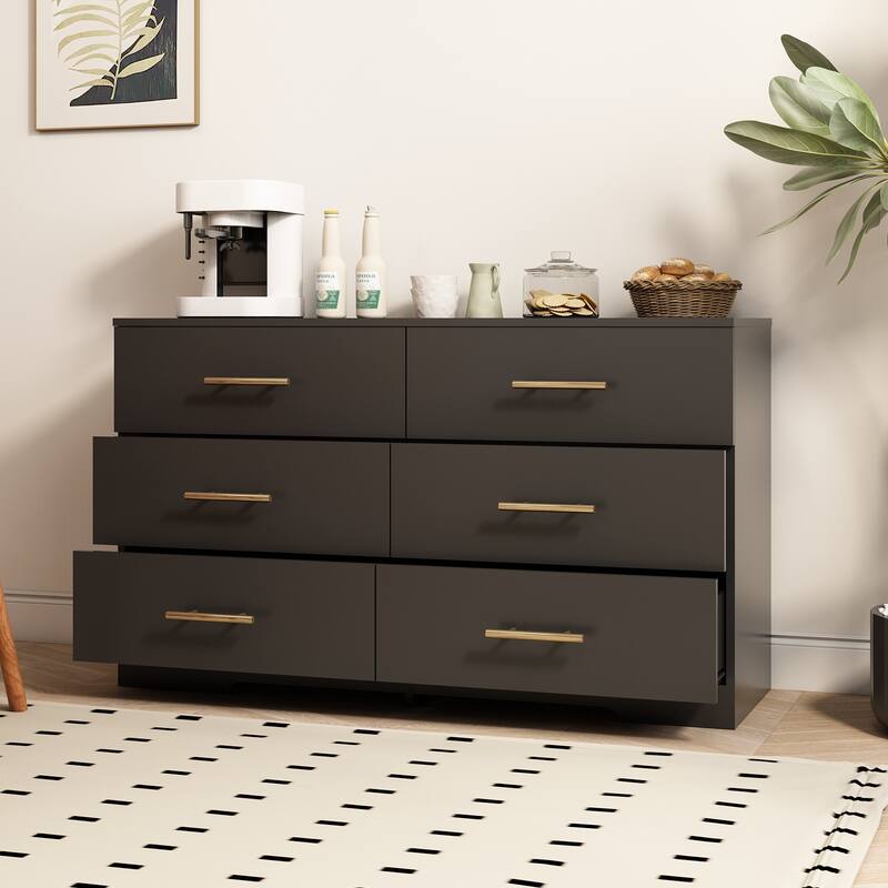 Anmytek Black Six Drawer Dresser with Gold Handles, Modern Light Luxury Storage Cabinet for Living Room Bedroom