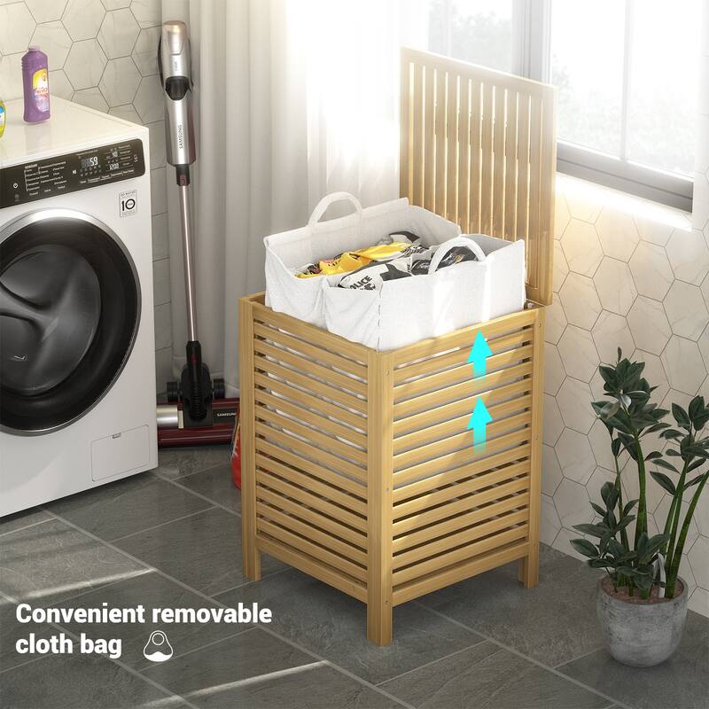 Bamboo 2-Section Laundry Hamper, 120L Large Laundry Basket with Lid and Removable Liner Bag