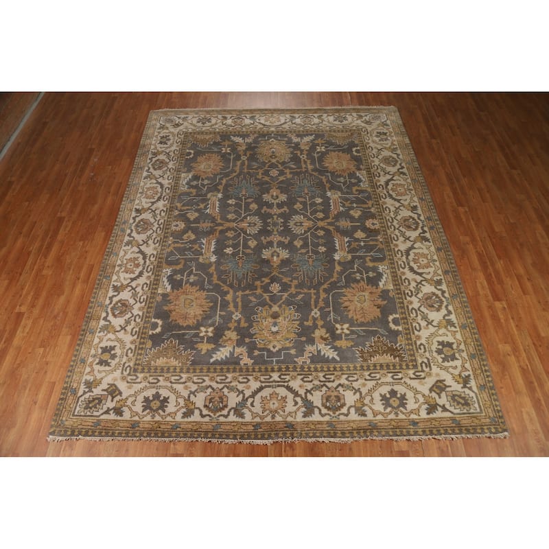 Geometric Gray Oushak Indian Area Rug Hand-Knotted Wool Carpet - 9'3"x 11'8"