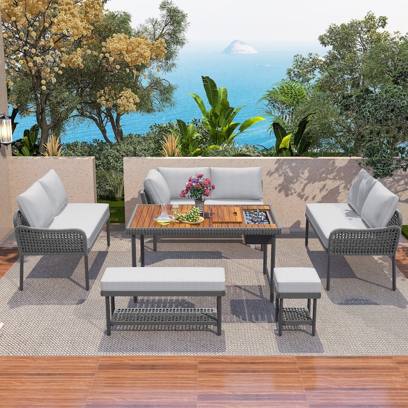 6-Piece Rope Patio L-Shaped Sectional with Acacia Table & Ice Box, Benches & Conversation Set with Thick Cushion