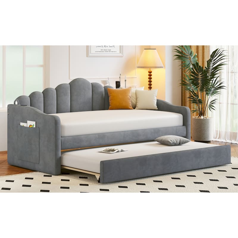 Modern Twin Velvet Daybed with Trundle, USB Ports, and Storage Pockets